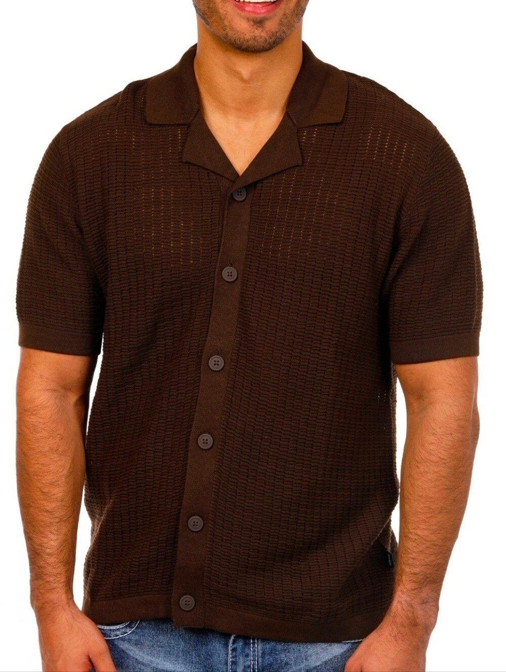 DKNY Men's Brown Short Sleeve Grip Camp Sweater Polo Cardigan Size M
